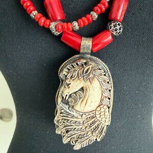 Red Coral Necklace w/ Carved Bone Horse Head Pendant Length 30 inches